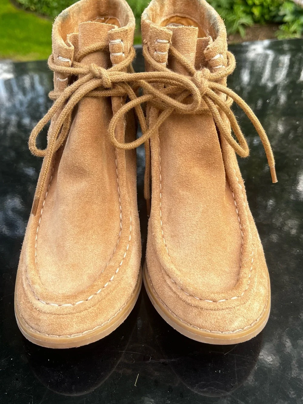 Lucky Brand Ysabel Suede Lace-Up Wedge Ankle Booties Tan size 8
